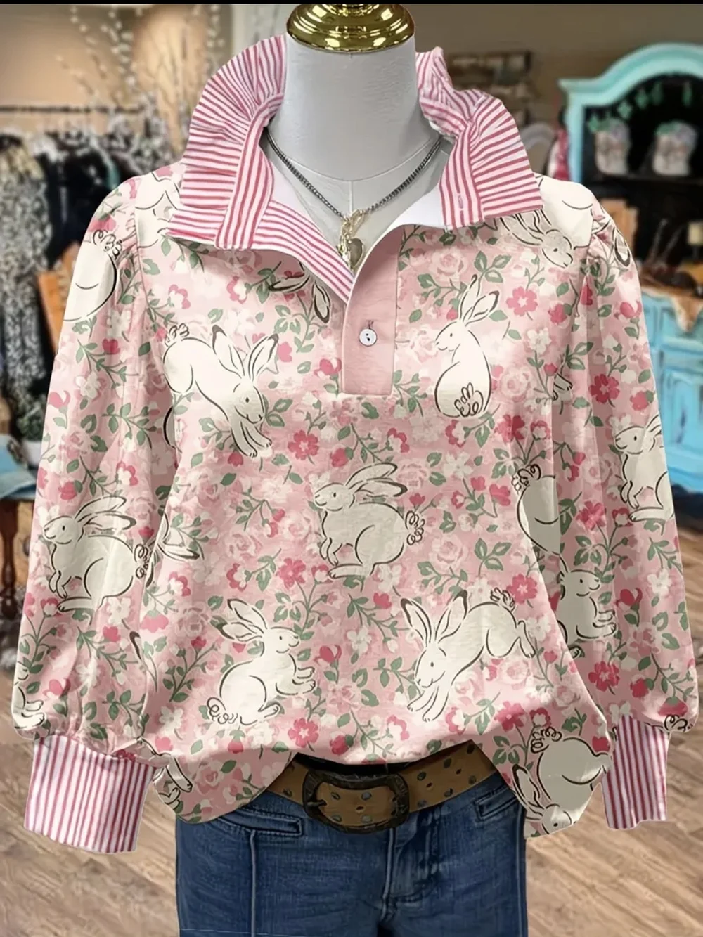 Pink Bunny Floral Popover with Striped Collar Blouse - Picture 1 of 2